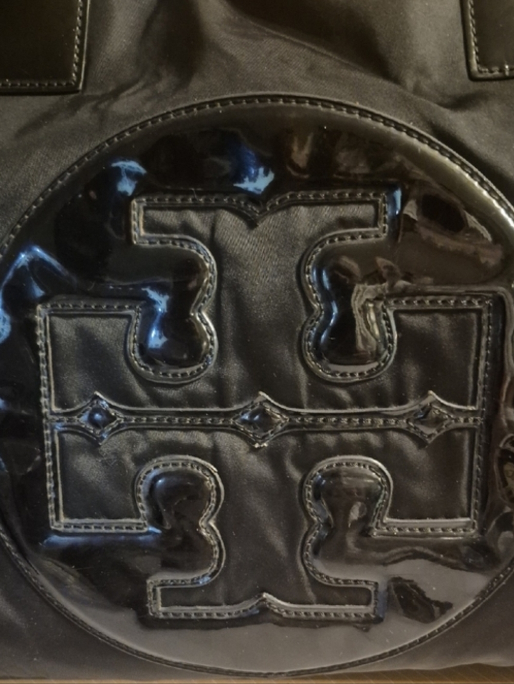 Authentic Tory Burch Black Nylon Tote with Glossy Patent Logo - Picture 2 of 5